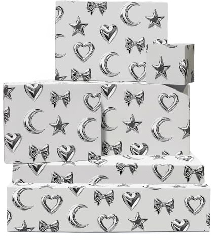 Graues Geschenkpapier – Chrome Doodles – 6 Blatt Geschenkpapier – Schleife, Herz, Stern, Mond – Ästhetische Y2k-Geschenke zum Geburtstag, Jahrestag, Weihnachten – von Central 23