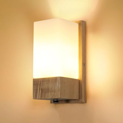 DELIPOP Wandleuchte Holz Innen, E27 Wandlampe Innen Vintage mit Glas Lampenschirm, Moderne Wandbeleuchtung für Schlafzimmer Wohnzimmer Flur Treppenhaus