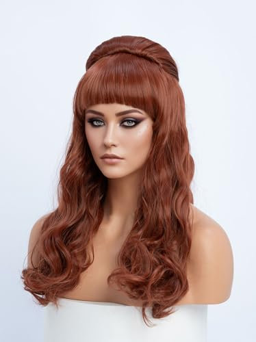 SIMKAYL Bienenstock Perücke Damen mit Pony Vintage Perücke Kupferrot Lange Locken für Frauen Gewellt Auburn Perücken Passt für 80er 70er 60er 50er Jahre Halloween Fasching Kostüm Party Cosplay (60cm)