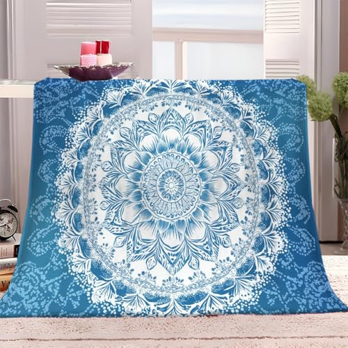 Kuscheldecke Flanell Decke 180x200 cm Mandala-Druck Blau 3D Drucken Flauschig Weich Warm Microfaser Plüsch Wohndecke Fleecedecke Tagesdecke Decke für Sofa und Bett
