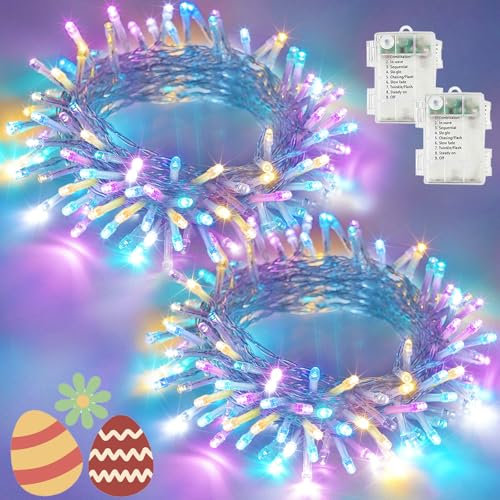 Luces de Pascua que funcionan con pilas, paquete de 2 tiras de 100 luces LED multicolor de 33 pies, 8 modos, luces pastel impermeables para interiores y exteriores, luces parpadeantes para habitación,