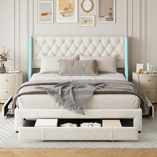 Henunem Polsterbett 140x200, Doppelbett mit 3 Schubladen, LED Bett mit Gepolstertes Kopfteil, Rückenlehne Jugendbett mit Stauraum und Lattenrost, Stauraumbett, Metall Bettgestell, Samt