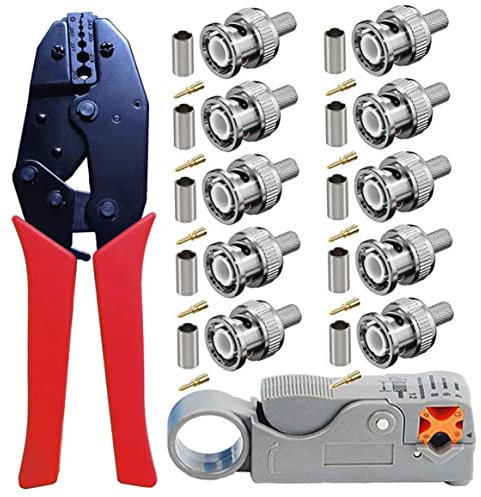 BNC Crimp Tool Set Rotary Coaxial Cable Stripper Ratchet Crimper with BNC Male Crimp Connectors for RG59 Cable