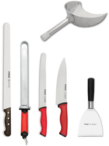 Pirge Profi Kebab Messer Set für Shawarma Shop - Dönermesser Set 6 TLG - 36 cm Döner Kebab Messer - 21 cm Kochmesser - 22,5 cm Brotmesser - 30 cm Wetzstahl - Edelstahl Kebab Schaufel - Spatel