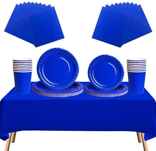 69pcs Royal Blue Disposable Tableware Set - 20 Napkins, 16 Cups, 16pcs 7inch and 9inch Plates, 1pcs Blue Tablecloths | Biodegradable Dinnerware for Birthdays, Weddings, Kids Adult Christmas Party