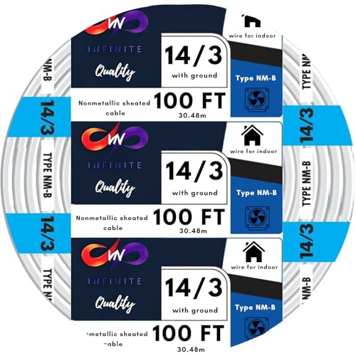 VN Infinite quality 14/3 NM-B Wire with Ground NMB Cable 14 Gauge, 3 Conductor Electrical Wire Non-Metallic Sheathed Cable Residential Indoor Insulated Jacket (100 Ft)