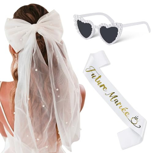 Leikedun Enterrement de Vie de Jeune Fille Accessoire Femme, Voile de Mariée Blanc Perle Cheveux Arc, Echarpe Future Mariée, Lunette Coeur avec Perles, pour Mariage Fiançailles Fête