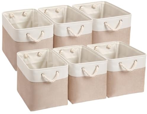Mangata Canvas-Aufbewahrungsboxen, 33cm große Würfel-Aufbewahrungsbehälter, 6er-Set, Stoffkörbe mit Baumwollseilgriff zum Ordnen von Kleidung, Kinderzimmer, Zuhause (Khaki/Weiß)