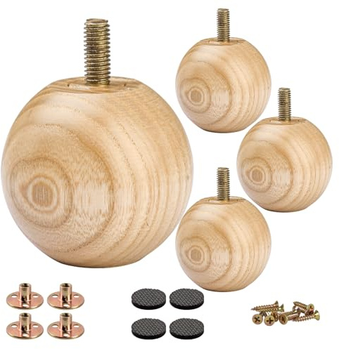 Lot de 4 pieds de meubles ronds en bois de frêne verni de 5 cm, pieds de canapé minimalistes et modernes en bois avec boulon M8 et plaque de montage pour lit, canapé, commode, armoire