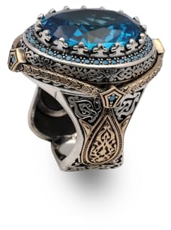 Jewellery Pit - Osmanischer Aquamarin-Edelsteinring für Herren – handgefertigte Vintage-Ringe aus 925er Sterlingsilber – Verlobungsring mit individueller Gravur und Geschenk-Silberpoliertuch (67)