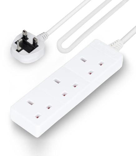 GEEPAS 3 Gang Extension Lead, 2M Cable | 3-Way Plug Extension Cable, 13A | Wall Mountable & Multi Socket Mains Strip for Home Bedroom Office | Heavy Duty UK Plug | White