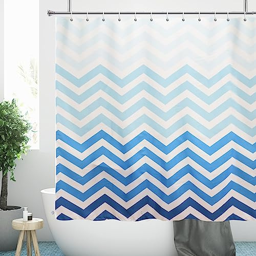 YISURE Rideau de Douche en Tissu Lavable pour Salle de Bain et Baignoire | Rideau de baignoire dégradé de bleu à blanc chevron pour salle de bain, largeur 220 x hauteur 220 cm