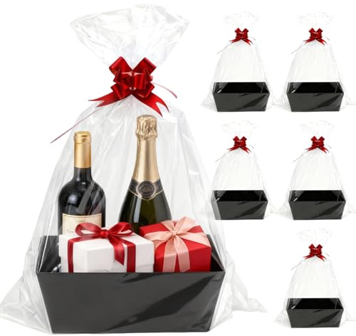 WPPQWP 5 Stück Präsentkorb Leer, Geschenkkorb Pappe mit Griffen, Korb für Geschenke mit Zugschleifen und Geschenkfolie Transparent, Geschenkkorb Leer für Weihnachten Geburtstage Set (Rote Schleife)