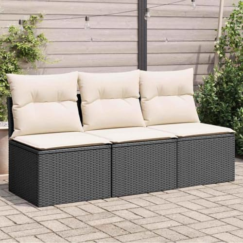 QJBSAVVA Gartensofa 3-Sitzer 165×62×69 cm Schwarz Poly-Rattan Outdoor Sofa mit Stauraum & wasserfestem Beutel modulare Gartenlounge für Terrasse Balkon Kleiner Garten