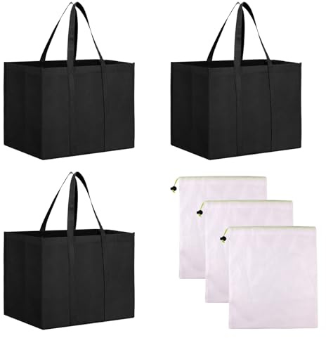 VEGCOO Einkaufstasche Groß 3er Pack & Obstnetz，Schwarze Wiederverwendbare Einkaufstaschen ，Tragbar Vliesstoff Taschen Verstärkte Lange Tragegurte Umweltschonende Shopper-80 L