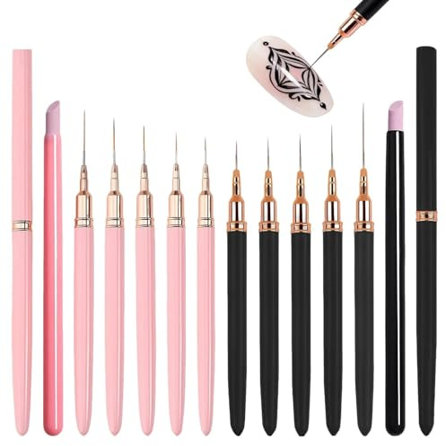 10 Pcs Nail Art Liner Brushes, Liner Brushes Set with 2 Quartz Pens, Thin Detail Nails Brush, Nail Dotting Drawing Tool with 5 Sizes (5/8/12/20/25mm), for Long Lines, Thin Details - Pink, Black