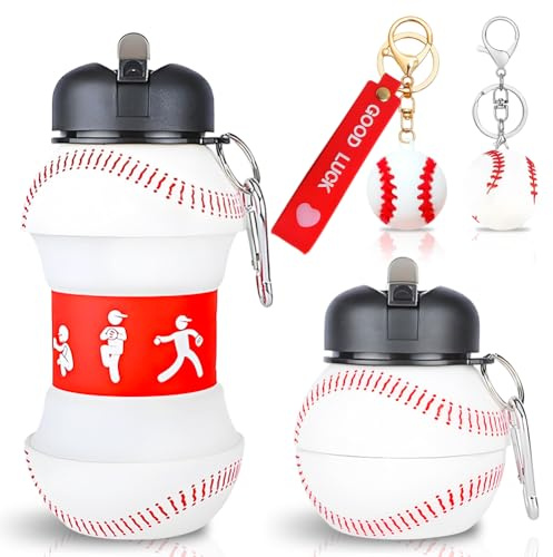JhavexToy Trinkflasche Basketball/Baseball/Tennis/Rugby/Volleyball/Golf Billiards 550 ML, Faltbare Wasserflasche aus Silikon mit Schlüsselanhänger für Jungen Kinder, Erwachsene (Baseball)