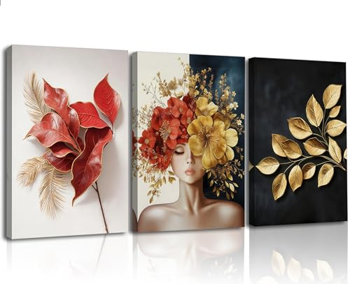 Piy Painting Abstrakte Groß Wandbilder Wohnzimmer, Feminine Porträts Bild mit Rahmen, Blumenkunst Leinwanddrucke, Wandkunst Leinwand Malerei, Leinwandbilder für Schlafzimmer Büro 3 Pcs,58x40cm