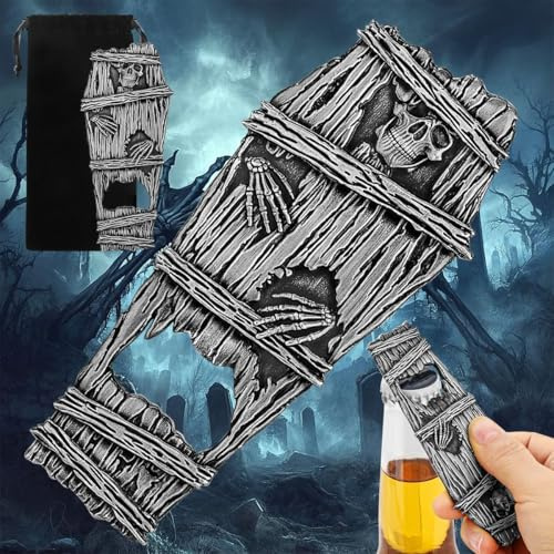 Flaschenöffner Sarg Design, Bieröffner Metall, Geburtstagsgeschenk für Männer, personalisierte Geschenke Männer, Halloween Deko, Party, Bar, Pub Accessoire, Geschenkidee für Freunde, Kollegen, Silber