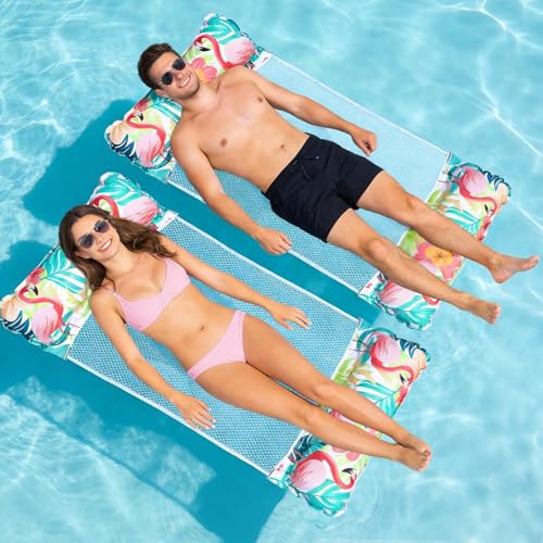 2 Stück Luftmatratze Pool, Flamingo Wasserspielzeug Wasserhängematte Aufblasbares Schwimmbett Pool Zubehör, 4-in-1-Multifunktions Pool Luftmatratze für See Strand Schwimmbad Wasserspaß
