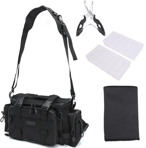 Domary Angeln Umhängetasche Tackle Aufbewahrungsbox mit Verstellbaren Riemen für Köder Haken Gewichte Angelausrüstung Zubehör Outdoor-Angelbegeisterte Oxford-Stoff (Schwarzes Set)