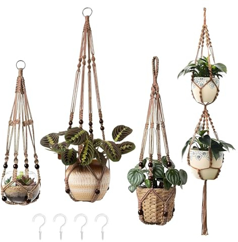 Domefahaso 4 Macrame Rope Plant Hangers Boho Handwoven Planters | Cotton rope hand knitted basket with hooks, suspended pot decor for indoor green plant display