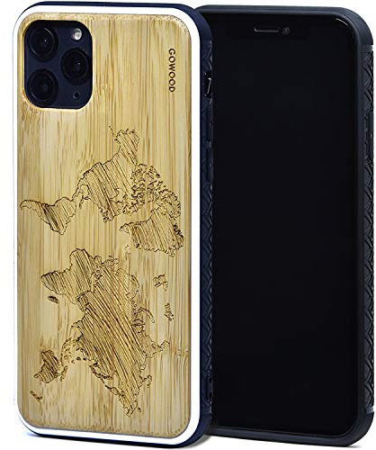 GOWOOD Holz Handyhülle für iPhone 11 Pro | Echter Bambus Weltkarte Gravur Holz Rückwand mit Polycarbonat-Stoßschutz und stoßdämpfender Gummibeschichtung für optimalen Schutz