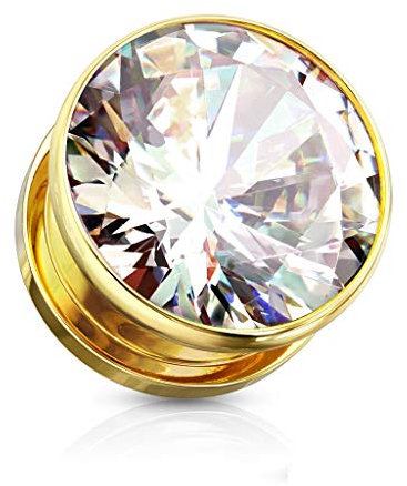 beyoutifulthings Ohr-Tunnel Zirkonia Gold Clear Ohr-Piercing Edelstahl Ohr-Schmuck Screw Fit Flesh Plug Schraub-Verschluss 10mm