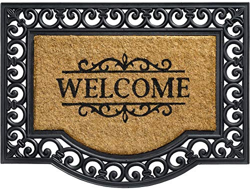 Kokosmatte als innen und aussen-bereich Fußmatte in 60x80 cm - Kokosfaser Gummi Türmatte Welcome Spruch Ornamente als Sauberlaufmatte - Outdoor Fußabstreifer für Haustür, Flur, Garten