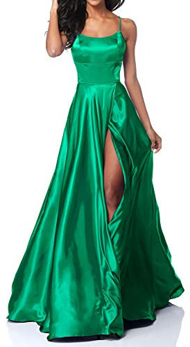 Lecureler Long Satin Spaghetti Strap Prom Dress Garden Green Size 14