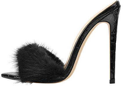 Only maker Damen Mules Spitze Stiletto Absatz Sandalen mit Plüsch Schwarz 42 EU
