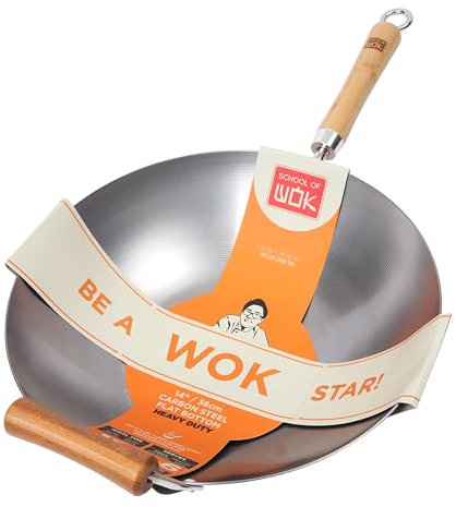 School of Wok - 14/36cm Heavy Duty Carbon Steel Wok, Flat Bottom, Bamboo Handle