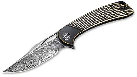 WE Knife Unisex – Erwachsene Dogma Damascus Brass Black Taschenmesser, Gold, 19,6 cm
