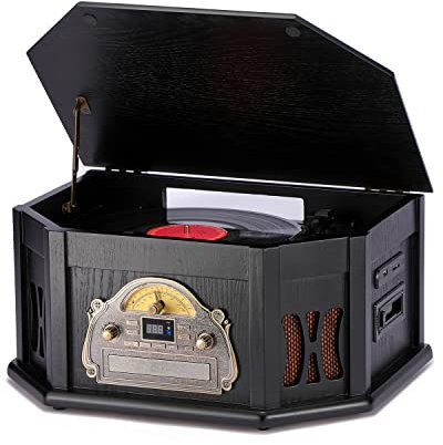 ORCC 10-in-1 Vintage Record Player, with Gift Card, Vinyl Turntable for 33/45/78 RPM, CD/USB/SD Play, Bluetooth & Remote Control, FM/AM Radio for Music Lovers, Black
