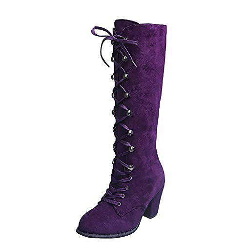 Yowablo Boots Women's Fashion Casual Vintage Retro Mid High Boots Lace Thick Heels Shoes, purple, 6 UK