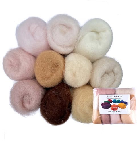 The Felt Box Needle Felting Wool – 10 Skin Tones Pack Maori DHG (100g Total) – Carded Batt with Coarse Short Fibres – Perfect for Dolls People Animals & Natural 3D Craft Projects