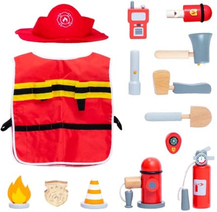 UMU® Juego de Bombero de Madera para niños con Disfraz de Bombero Que Incl. Gorra, extintor de Incendios, Radio, etc., Juego de imitación de Bombero, Juguete de 14 pzas. para niños de 3, 4, 5 años
