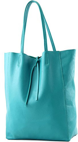 modamoda de T163 Damen Leder Shopper Schultertasche Large mit Innentasche handmade in Italy, Farbe:Türkisblau2021