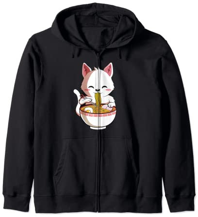 Cute Cartoon Cat Japanese Ramen Noodle Pot Gift Zip Hoodie