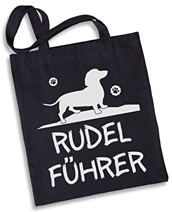 Tassenbrennerei Dackel Baumwolltasche mit Spruch Rudelführer - Einkaufstasche lustig als Geschenk für Dackelliebhaber - Stoffbeutel (Schwarz)