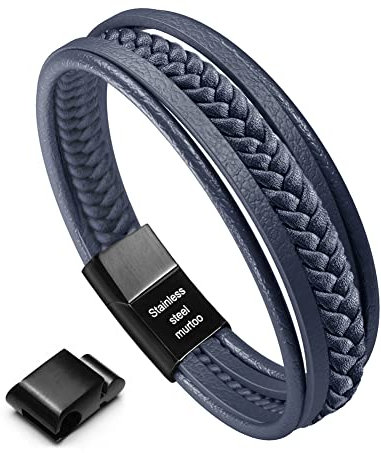 murtoo Bracelet Homme Cuir Véritable Bracelet et Acier Inoxydable Cuir pour Les Hommes(Bleu foncé,22,5)