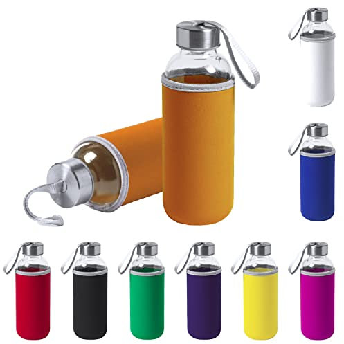 TIENDA EURASIA® Pack de 2 Botellas de Agua Cristal con Funda de Neopreno, 420 ml de Capacidad, con Tapon a Rosca y Cinta de Transporte, Bidon perfecto para Colegio, Camping, Ejercicio, Color Naranja