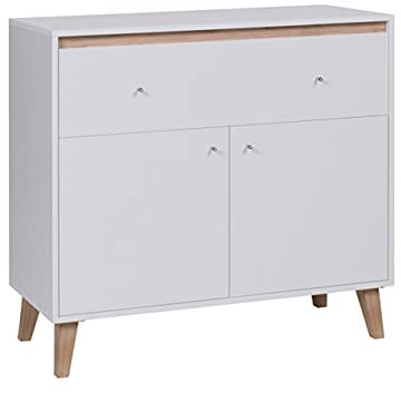 Mirjan24 Kommode Oviedo K2D1SZ mit Schublade, Schrank im skandinavischen Stil, Mehrzweckschrank, Wohnzimmerschrank, Anrichte, Sideboard, Wohnzimmer (Weiß Matt/San Remo Eiche Hell.)