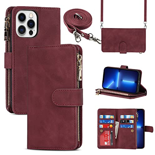 Cavor Crossbody iPhone 13 Pro Case With Card Holder With Strap,Flip Leather Wallet Case,[9 Card Holder] Zipper Detachable Lanyard Phone Case Cover for Women for iPhone 13 Pro - Red