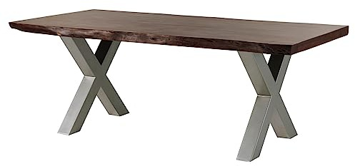 MASSIVMOEBEL24.DE|Freeform 5 Baumkantentisch aus Massivholz - Braun | 200x100 cm | Metallbeine X-Form Silber matt | aus Akazienholz | Esstisch echte Baumkante