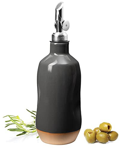 Olive Oil Dispenser Bottle Stoneware Ceramic, Cruet Protects to Reduce Oxidation, Suitable For Storage Of Oil, Vinegar, Coffee Syrups & Other Liquids - Stainless Steel Spout 14Oz