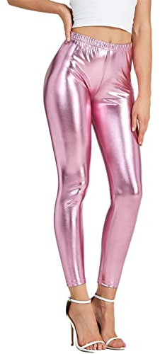 NewL Damenleggings, glänzend, metallisch, Sportleggings, helle Bleistifthose, Fitness, Mode, Jeggings, Bonbonfarben, Rose, L