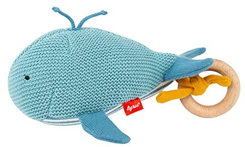 SIGIKID 39672 Strick-Greifling Wal Knitted Love, Babyspielzeug aus Baumwollstrick mit Holzring und Rassel, zum Greifen, Hören und Spielen für Babys von 3-12 Monaten, Blau, 15x9x9 cm