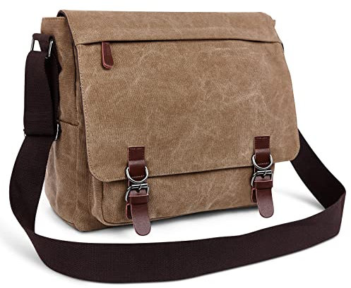 DORRISO Moda Bolso de Bandolera Hombres Bolsa de Hombro Lona para Viaje Escolares Trabajo Bolsos 13.3 Pulgadas Portátil Cruzados Bolsa de Ordenador Hombres Lona Messenger Bag Caqui