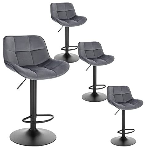 EUGAD Lot de 4 Tabourets Bar, Chaises de Bar Pivotantes, avec Repose-Pieds et Dossier, pour Bistro, Restaurant, Hauteur Réglable, en Velours, Gris Foncé
